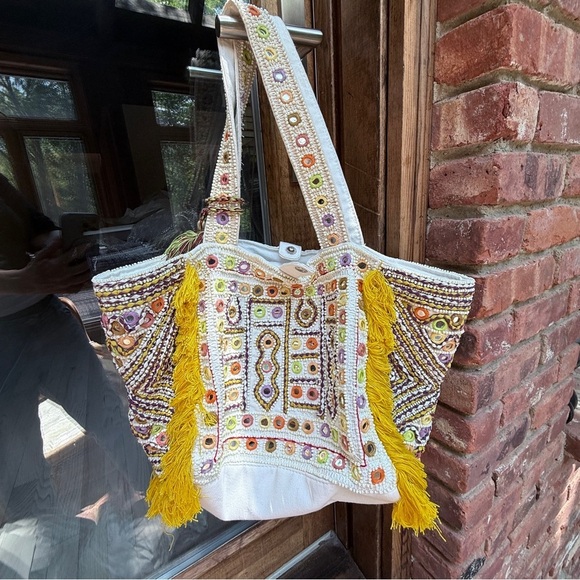 Antik Batik Bohemian Yellow and Cream Beaded Embellished Tote Bag - Picture 16 of 16